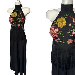 Asos Design Floral Embroidered Fringe Cut Out Jumpsuit Halter Size 2 Viscose